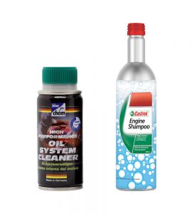 2 chai dung dịch vệ sinh động cơ của blue chem và castrol